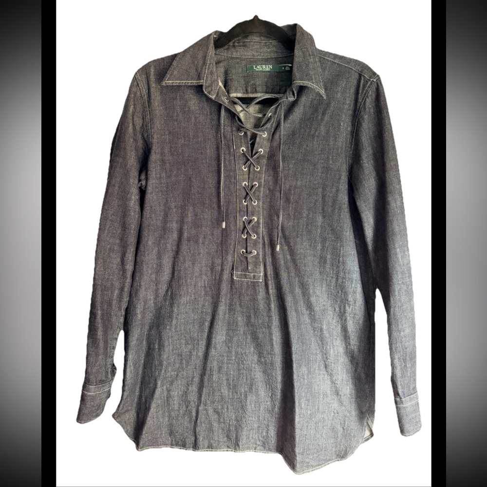 RALPH LAUREN Women’s Chambray Dark Denim Lace-Up Tunic Long Sleeve Sz S
